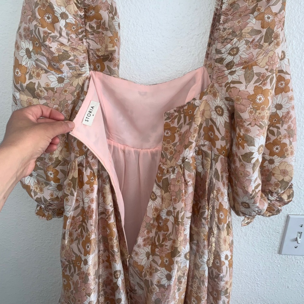 Storia Womens Floral Metallic Puff Sleeve Babydoll Mini Dress Tan Brown Gold M - Picture 6 of 10